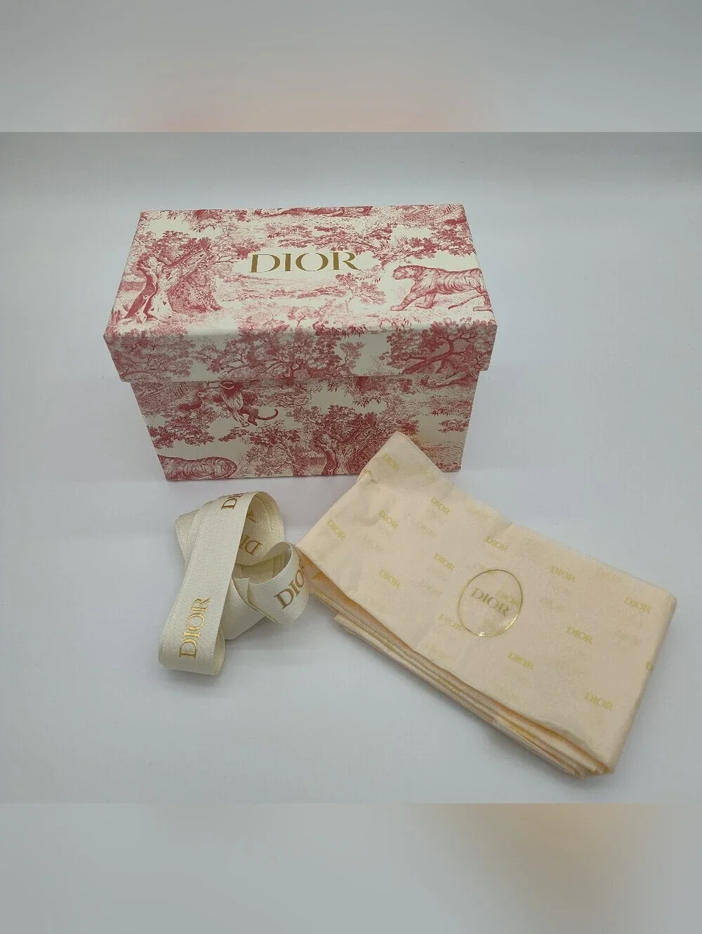 DIOR Toile Jungle Gift Box Tissue Paper Ribbon Set Pink Cream Gold Packaging EUC